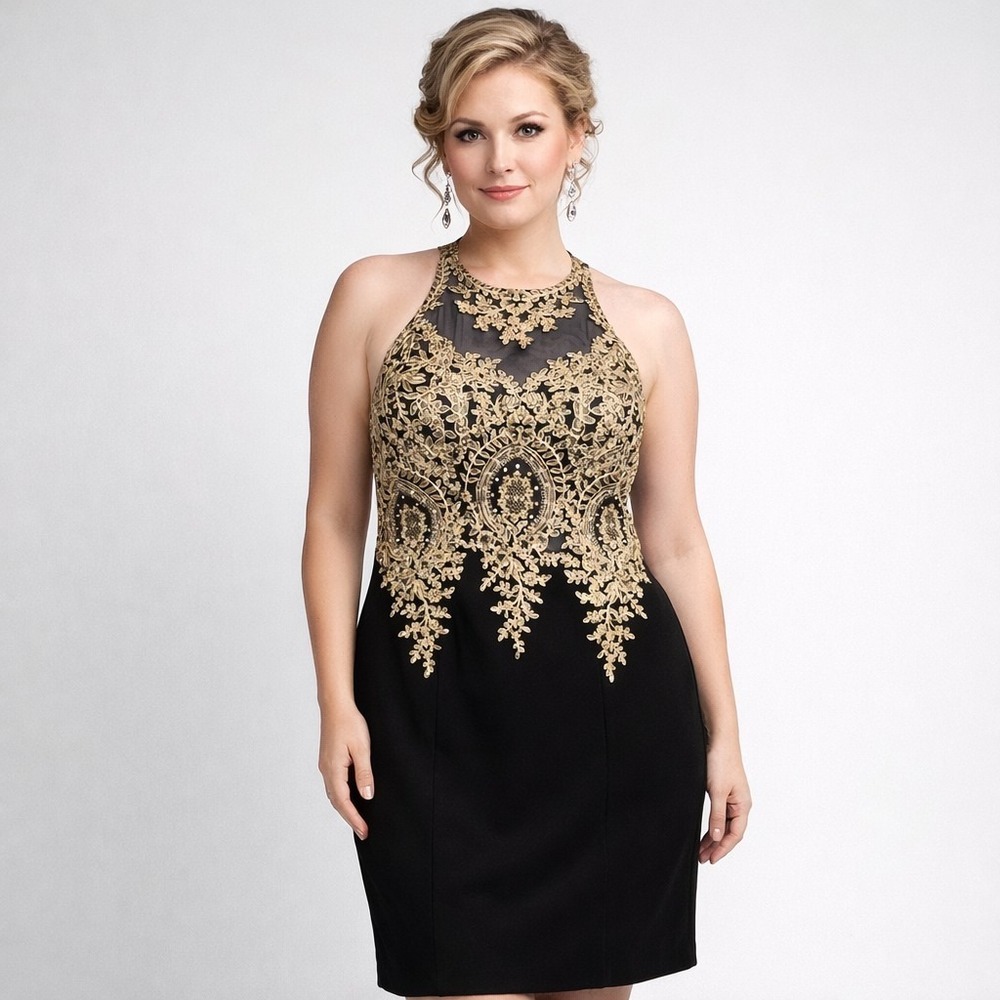 XSCAPE Size 14 Rhinestone Embroidered Illusion Neckline Formal Cocktail Dress